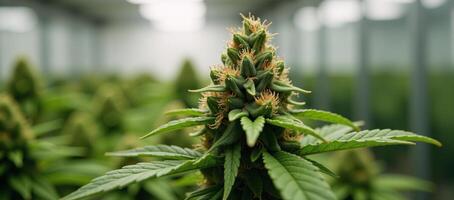 Closeup macro shot of mature cannabis Sativa flower bud set against a modern greenhouse backdrop photo