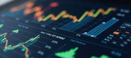 A graphfilled dashboard with blue orange and green stock market data photo