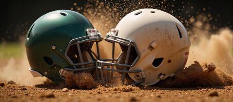 Colliding American Football Helmets Dusty Explosion of Competition Rivalry photo