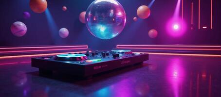 Neonlit dance floor under vibrant skies with hovering planets Nightclub Atmosphere photo