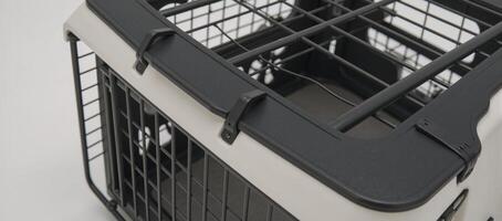 A detailed 3D render showcases an intricate pet carrier cage with modern design elements and sharp lines photo