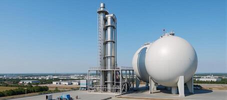 A modern petrochemical factory features spherical BPVC gas tanks in a setting with clear blue skies and other storage tanks for cryogenic liquids under the gaze of a processing station photo