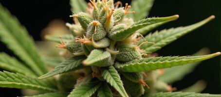 Closeup of cannabis plant showcasing THC CBD crystals photo