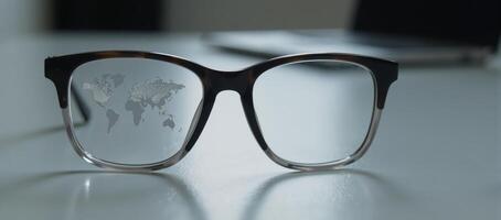 A world map financial charts reflected in stylish glasses symbolize global stock market surveillance photo