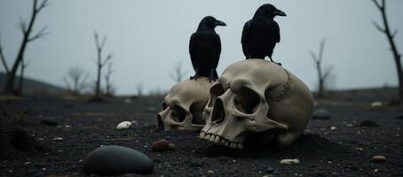 Ravens perched upon a skull within a brooding landscape photo