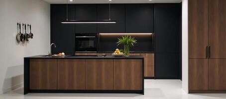 Dark kitchen with a harmonious blend of black and walnut finishes photo