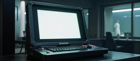 A retrofuturistic scifi computer terminal awaits interaction on a blank screen within a game design setting photo