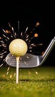 Dynamic closeup of golf ball impact with sparking droplets amidst a bokeh backdrop photo