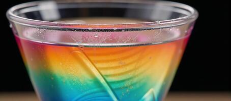Highly detailed closeup image showcasing a vibrant rainbowcolored cocktail macro photo