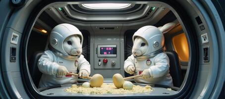 Spacethemed image featuring two rabbit astronauts making mochi using long wooden hammers within their spaceship photo