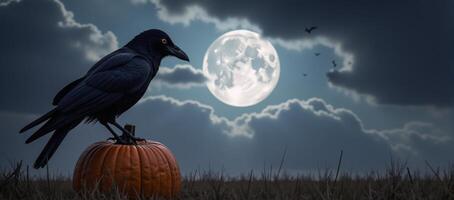 A crow perches on a Halloween pumpkin amidst a scary night scene with clouds a full moon and bats flying photo