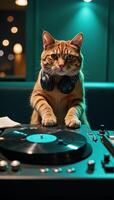 Cat spins tunes at tealthemed nightclub using turntables mixer photo