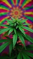 For a lively and festive 420 celebration marijuana photography with vibrant cannabis leaves against colorful psychedelic backdrop photo