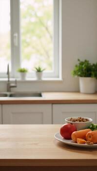 Wooden textured tabletop against blurred kitchen window backdrop studio shot for product display mockup or key visual layout photo