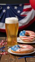 Celebrating Independence Day with a beer and flagshaped donut photo