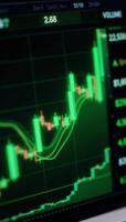 A graph displays rising values of cryptocurrencies through upwardtrending green candlesticks on a stock market chart along with volumetric and temporal representations of the currencys previous price photo