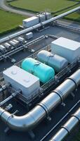 A cuttingedge green hydrogen manufacturing facility produces clean energy through the innovative process of converting water into fuel in a highpressure tank environment visualized in a 3D render photo