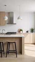 A contemporary Scandinavianstyle kitchen featuring an island and decorative elements is depicted through a 3D render photo