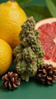 A vibrant marijuana bud with citrus accents lemons grapefruit and earthy notes pinecones showcasing the diverse terpene profile of cannabis strains photo