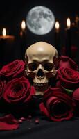 A gothic still life features an ornate skull amidst a luxurious arrangement of darkred roses under eerie moonlight and flickering candlelight photo