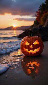Festive Halloween scene JackOLantern on Shoreline Ideal Beach Party Promotion Themed Event Copy Space photo