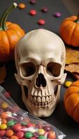 Skull sits with pumpkins and candy on a table photo