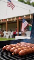 Vibrant BBQ party with sausages festive decor and American flags signifying a cheerful summer gettogether photo