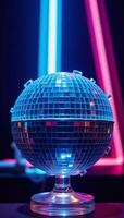 A captivating scene featuring blue and pink hues with a glowing neon effect and a vintage disco ball photo