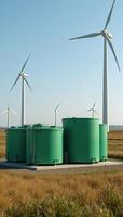 Wind Turbinetopped green hydrogen storage facility realistically rendered 3D visualization photo