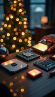 Artificial Intelligence industryinspired Christmas scene featuring a hightech nanoenhanced Christmas Tree adorned with edible chip decorations photo