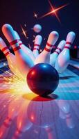 A brightly colored cartoony image of a bowling ball knocking over pins in an alley photo