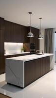 A modernstyled 3D rendering showcases an elegant kitchen interior design photo