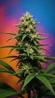 Painting displays detailed closeup of colorful cannabis plant with focus on leaves stems and intricate details photo