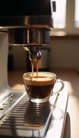 Modern coffee machine brews steaming espresso in sunlit kitchen scene Modern Coffee Machine Espresso Brewing photo