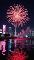 A vibrant retro neon firework show against a glowing neon backdrop photo