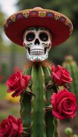 Day of the Dead Skull with hat cactus adorned with red roses photo