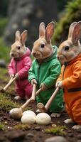 On an exotic alien planet rabbitastronauts use hammers to make mochi among otherworldly flora and fauna photo