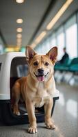 A neural networkcreated image portraying an adorable dog carrying a pet carrier at an airport setting photo