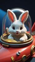 Digital artwork portraying a whimsical bunny soaring in a rocket ship photo