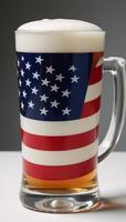 Closeup image showcasing an American flags crisp reflection within a beer mug emphasizing the symbolic contrast between patriotism and debauchery in high definition Up32K HD photo