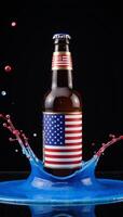 American Flaglabeled beer bottle stands against a backdrop of stars within a splash of red and blue liquid photo