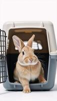 Rabbit curiously peeks out of pet carrier in preparation for veterinary checkup with a plain white background photo