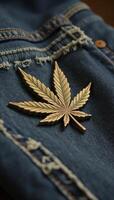 Stylized cannabis leaf emblem against distressed earthtoned denim backdrop symbolizes counterculture and alternative lifestyles photo
