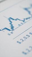 Closeup image of a blue stock market trading chart with detailed candlestick graphs photo
