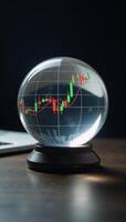 Investment outlook Stock market prediction depicted through a crystal ball featuring a candlestick chart for forecasting purposes photo