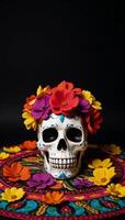 Day of the Dead theme Skull and vibrant floral arrangements against a dark backdrop Copy Space photo