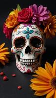 A cultural and vibrant Dia de Los Muertosthemed wallpaper featuring a colorful calavera surrounded by lively flowers against a dark backdrop photo