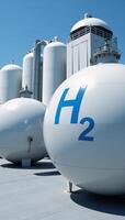 A 3D image featuring a highpressure spherical tank factory producing ecofriendly hydrogen fuel for obtaining clean energy the facility is marked with a logo for BPVCs hydrogen innovations and focuses photo