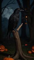 A bird perched on a spooky Halloweenthemed branch at night photo