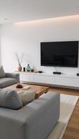 Modern smarthome tech meets comfortable relaxation sleek living space boasts gray sofa amidst cuttingedge gadgetry photo